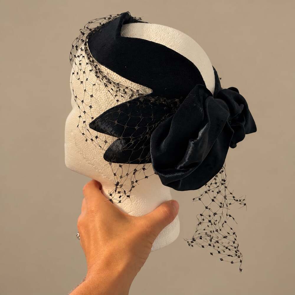 Norman Paulin Black Velvet Bow Fascinator with Veil